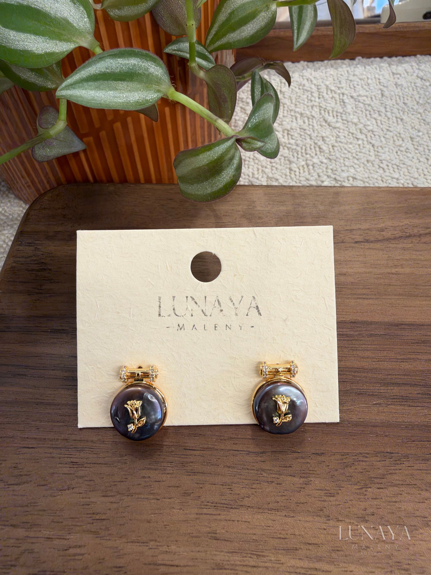 Natural Black Pearl, Gold Rose & Zircon Earrings - handmade earrings by Lunaya Maleny